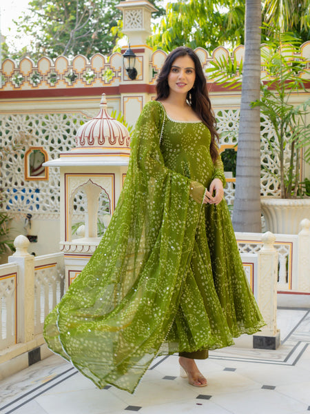 Olive Green Bandhani Anarkali Suit Set