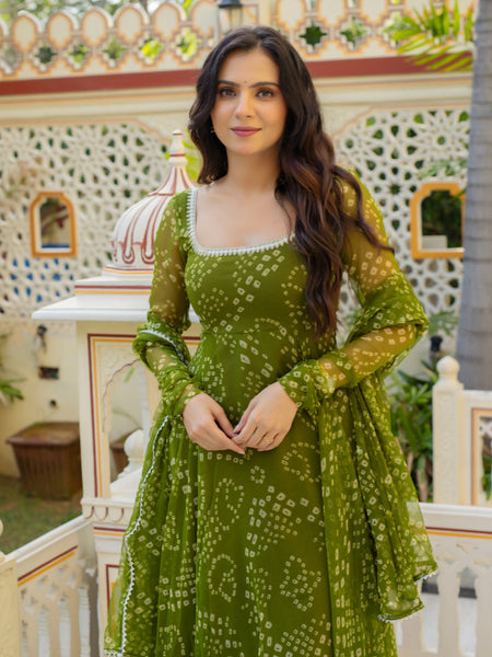 Olive Green Bandhani Anarkali Suit Set