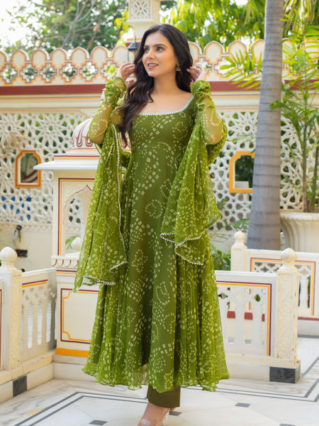 Olive Green Bandhani Anarkali Suit Set