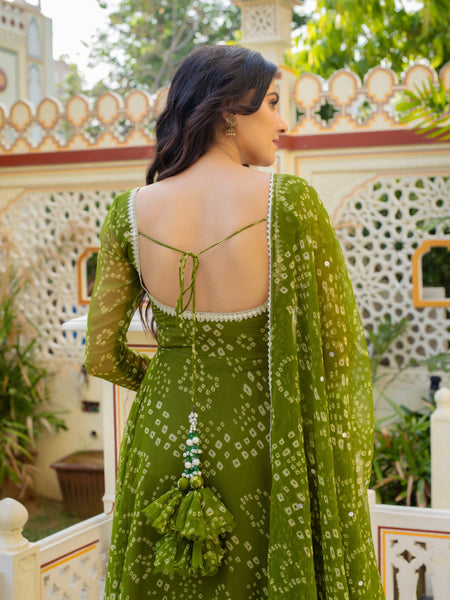 Olive Green Bandhani Anarkali Suit Set
