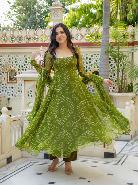 Olive Green Bandhani Anarkali Suit Set