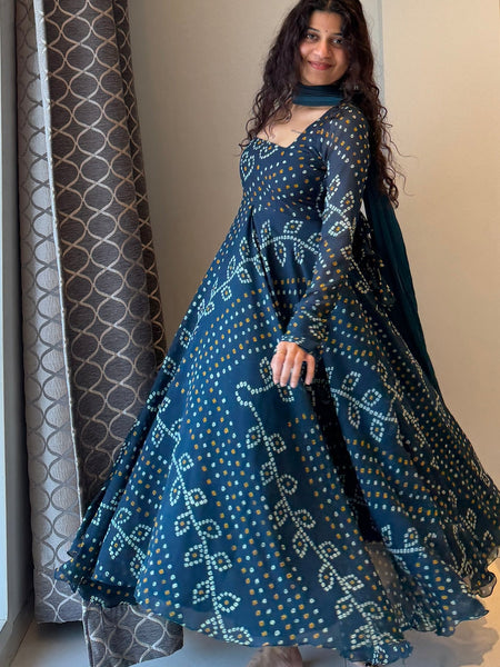 Teal Blue Bandhani Print Georgette Anarkali Suit Set