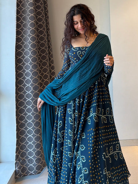 Teal Blue Bandhani Print Georgette Anarkali Suit Set
