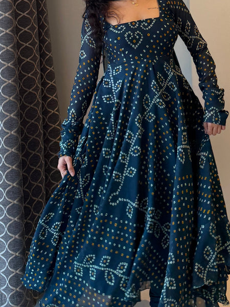 Teal Blue Bandhani Print Georgette Anarkali Suit Set