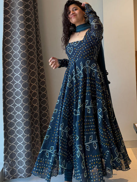 Teal Blue Bandhani Print Georgette Anarkali Suit Set