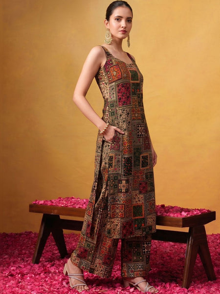 Women's Ethnic Patchwork Print Sleeveless Kurta & Palazzo Co-Ord Set