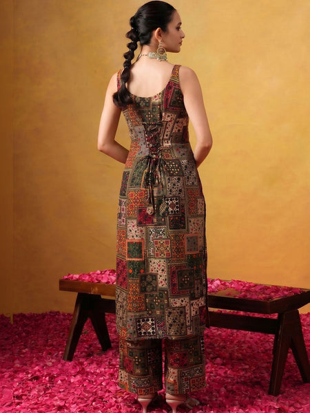 Women's Ethnic Patchwork Print Sleeveless Kurta & Palazzo Co-Ord Set