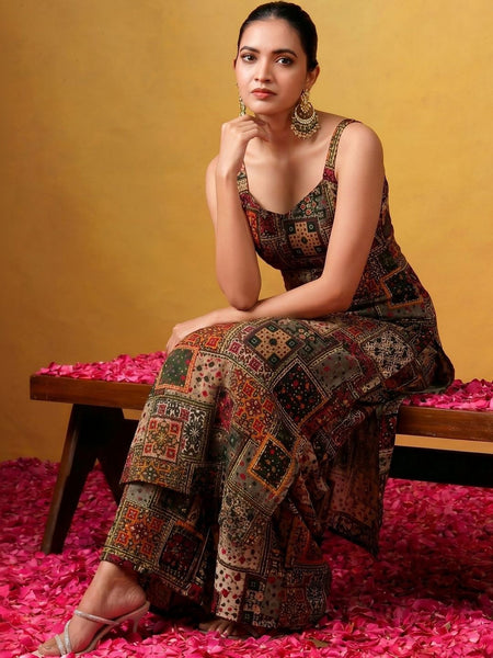 Women's Ethnic Patchwork Print Sleeveless Kurta & Palazzo Co-Ord Set