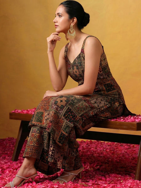 Women's Ethnic Patchwork Print Sleeveless Kurta & Palazzo Co-Ord Set