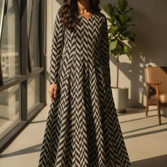 Black & Beige Chevron Printed Flared Anarkali Kurta Dress