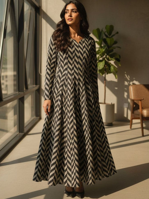 Black & Beige Chevron Printed Flared Anarkali Kurta Dress