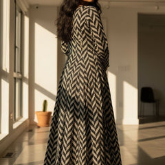 Black & Beige Chevron Printed Flared Anarkali Kurta Dress