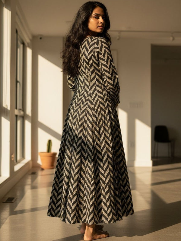 Black & Beige Chevron Printed Flared Anarkali Kurta Dress
