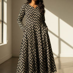 Black & Beige Chevron Printed Flared Anarkali Kurta Dress