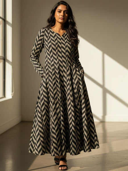 Black & Beige Chevron Printed Flared Anarkali Kurta Dress