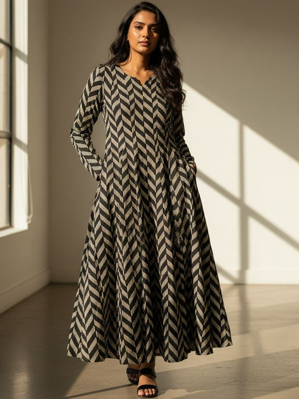 Black & Beige Chevron Printed Flared Anarkali Kurta Dress