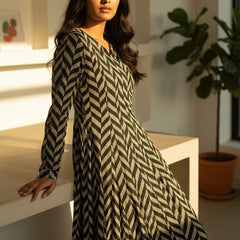 Black & Beige Chevron Printed Flared Anarkali Kurta Dress