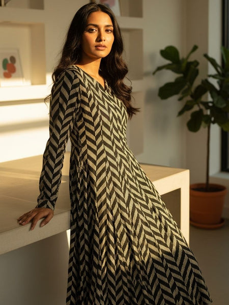 Black & Beige Chevron Printed Flared Anarkali Kurta Dress