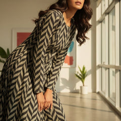 Black & Beige Chevron Printed Flared Anarkali Kurta Dress