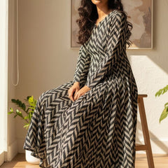 Black & Beige Chevron Printed Flared Anarkali Kurta Dress