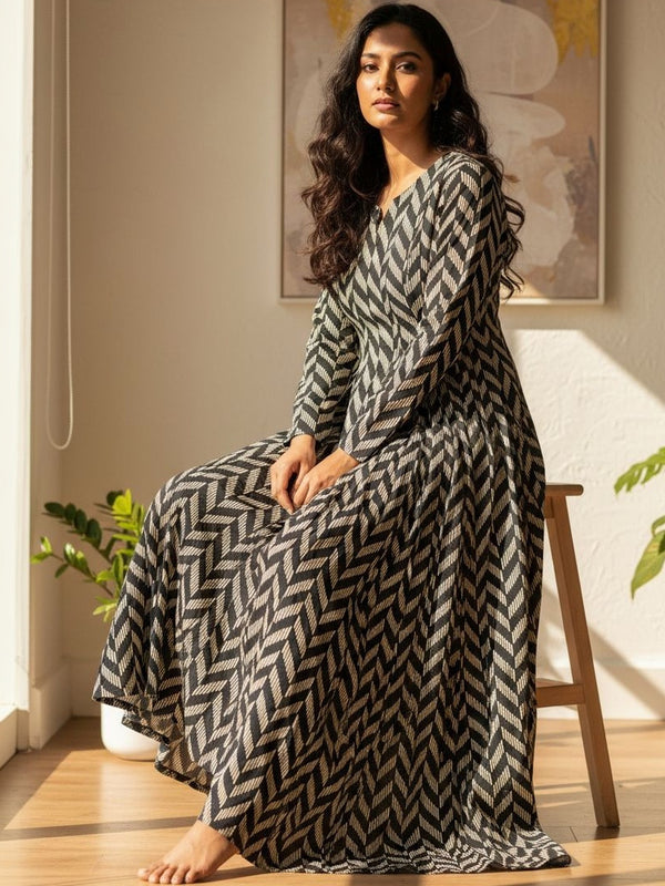 Black & Beige Chevron Printed Flared Anarkali Kurta Dress