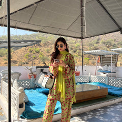 Hairat Green Floral Printed Farshi Suit Set with Scalloped Detailing