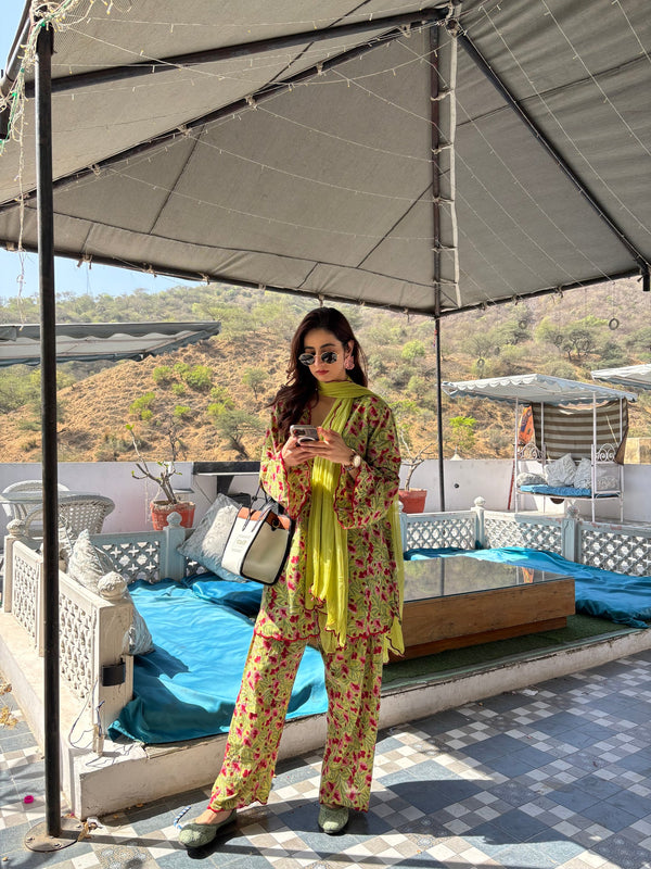 Hairat Green Floral Printed Farshi Suit Set with Scalloped Detailing