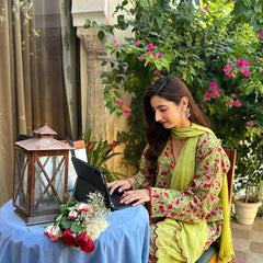 Hairat Green Floral Printed Farshi Suit Set with Scalloped Detailing