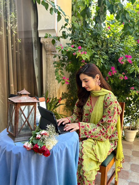 Hairat Green Floral Printed Farshi Suit Set with Scalloped Detailing