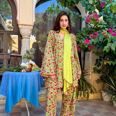Hairat Green Floral Printed Farshi Suit Set with Scalloped Detailing