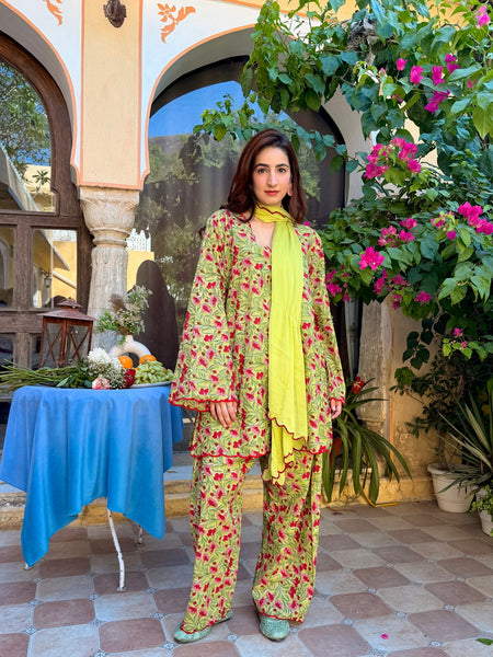 Hairat Green Floral Printed Farshi Suit Set with Scalloped Detailing