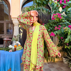 Hairat Green Floral Printed Farshi Suit Set with Scalloped Detailing