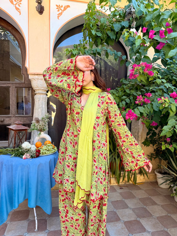 Hairat Green Floral Printed Farshi Suit Set with Scalloped Detailing