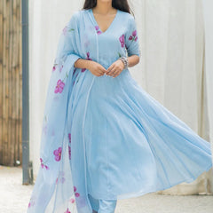 Ambraee Sky Blue Floral V-Neck Anarkali Suit Set with Dupatta