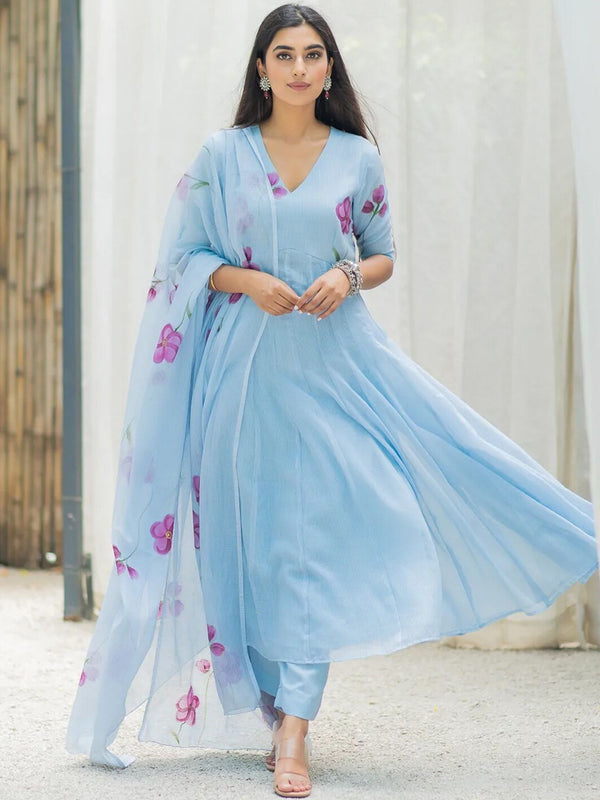 Ambraee Sky Blue Floral V-Neck Anarkali Suit Set with Dupatta