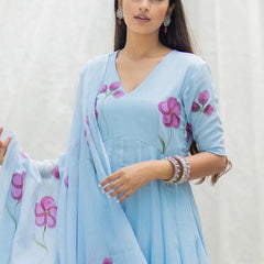 Ambraee Sky Blue Floral V-Neck Anarkali Suit Set with Dupatta