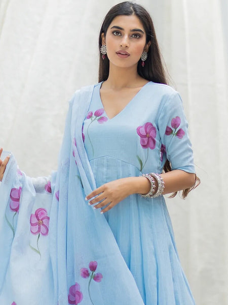 Ambraee Sky Blue Floral V-Neck Anarkali Suit Set with Dupatta