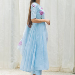 Ambraee Sky Blue Floral V-Neck Anarkali Suit Set with Dupatta