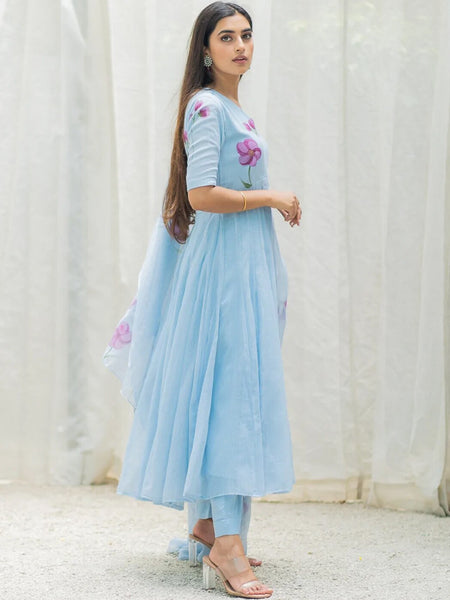 Ambraee Sky Blue Floral V-Neck Anarkali Suit Set with Dupatta