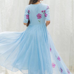 Ambraee Sky Blue Floral V-Neck Anarkali Suit Set with Dupatta