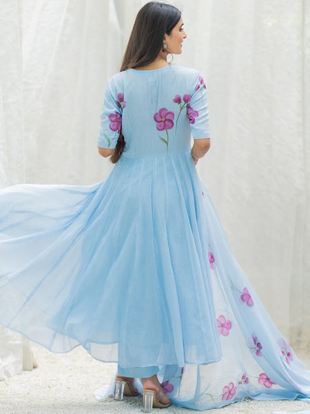 Ambraee Sky Blue Floral V-Neck Anarkali Suit Set with Dupatta