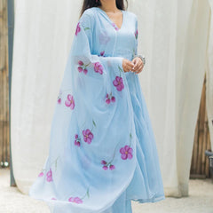Ambraee Sky Blue Floral V-Neck Anarkali Suit Set with Dupatta