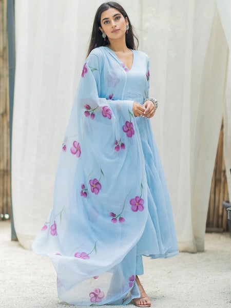 Ambraee Sky Blue Floral V-Neck Anarkali Suit Set with Dupatta