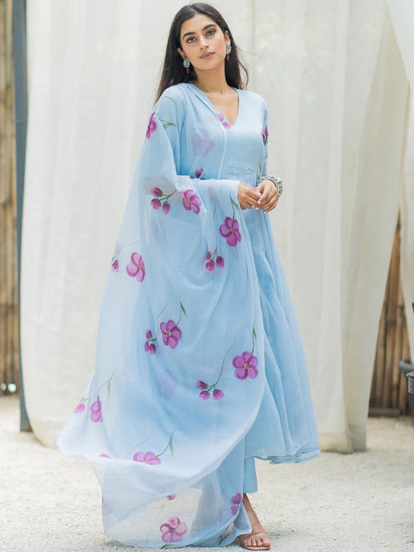 Ambraee Sky Blue Floral V-Neck Anarkali Suit Set with Dupatta
