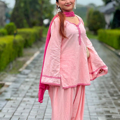 Gulmohar Pink Cotton Flared Sleeve Kurta Palazzo Suit Set with Dupatta