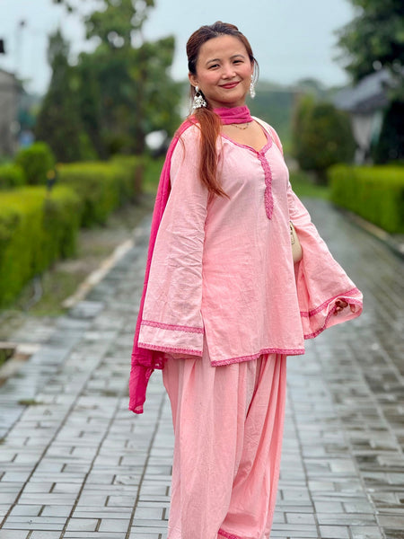 Gulmohar Pink Cotton Flared Sleeve Kurta Palazzo Suit Set with Dupatta