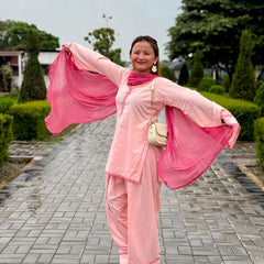 Gulmohar Pink Cotton Flared Sleeve Kurta Palazzo Suit Set with Dupatta
