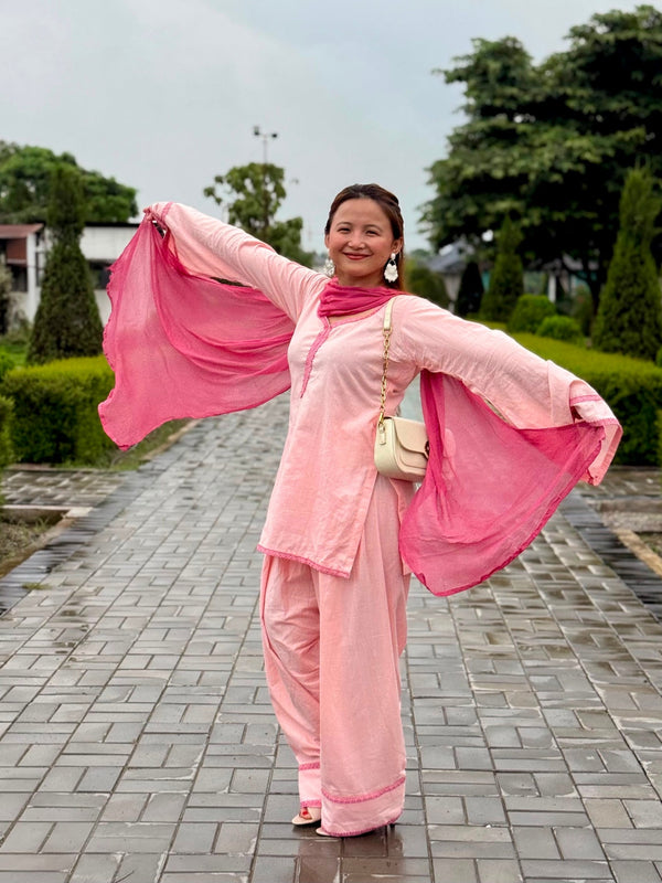 Gulmohar Pink Cotton Flared Sleeve Kurta Palazzo Suit Set with Dupatta
