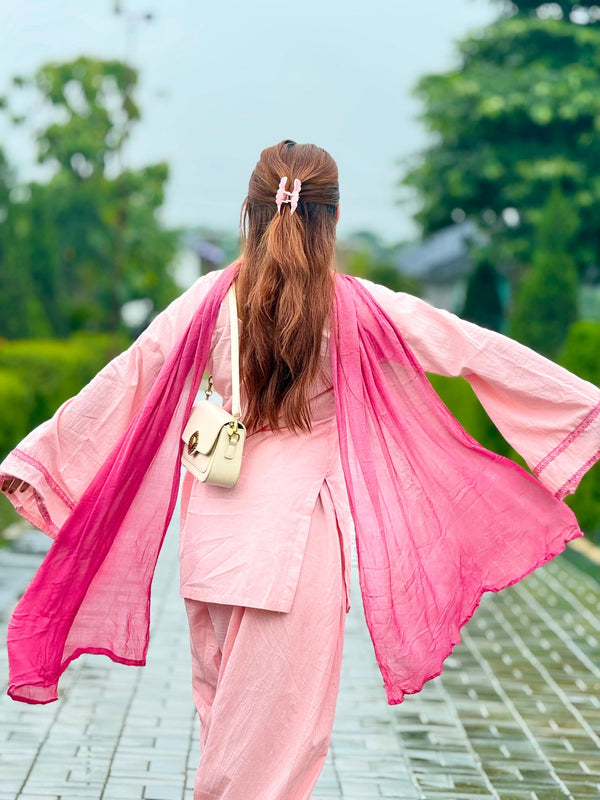 Gulmohar Pink Cotton Flared Sleeve Kurta Palazzo Suit Set with Dupatta