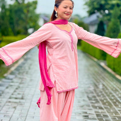 Gulmohar Pink Cotton Flared Sleeve Kurta Palazzo Suit Set with Dupatta